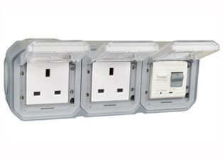 BRITISH, UNITED KINGDOM BS 1363, SAUDIA ARABIA SASO 2203 13 AMPERE-230 VOLT <font color="yellow">GFCI RCBO/RCD</font> DUPLEX OUTLET, TYPE G (UK1-13R, SA1-13R), 50/60 Hz, <font color="yellow"> 30mA TRIP</font>, SHUTTERED CONTACTS, WEATHERPROOF, IP55 RATED, HORIZONTAL SURFACE MOUNT WALL BOX, GLAND TYPE CABLE ENTRY, CLEAR LIFT LID COVERS, 2 POLE-3 WIRE GROUNDING (2P+E). GRAY.    <BR><font color="yellow">Notes:</font>  
<BR><font color="yellow">*</font> View technical data drawing for installation and connection components. 

<BR><font color="yellow">*</font> Downstream outlets can be protected. Use on single phase 230 volt circuits only.  <BR><font color="yellow">*</font> Latched RCD, No reset after power failure. RCBO (single pole + neutral) provides over current protection.  <BR><font color="yellow">*</font> Screw terminal torque = 0.08Nm. Operating temp. = -5C to +40C.   <BR><font color="yellow">*</font> Weatherproof IP66 rated outlets listed below. Scroll down to view.  <BR><font color="yellow">*</font> GFCI RCBO/RCD outlets are available for all countries. Contact us.  