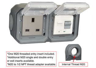 BRITISH, UNITED KINGDOM BS 1363, SAUDIA ARABIA SASO 2203 13 AMPERE-230 VOLT <font color="yellow">GFCI RCBO/RCD</font> OUTLET, TYPE G (UK1-13R, SA1-13R), 50/60 Hz, <font color="yellow"> 30mA TRIP</font>, SHUTTERED CONTACTS, WEATHERPROOF, IP55 RATED, HORIZONTAL SURFACE MOUNT WALL BOX, (<font color="yellow">**</font>) M20 HUB TYPE CABLE ENTRIES, CLEAR LIFT LID COVERS, 2 POLE-3 WIRE GROUNDING (2P+E). COLOR BLACK ANTHRACITE.     <BR><font color="yellow">Notes:</font>  

<BR><font color="yellow">*</font> View technical data drawing for installation and connection components. 
<BR><font color="yellow">**</font> M20 adapter #01614 available. Converts M20 to 1/2 inch National Pipe Thread (NPT).   <BR><font color="yellow">*</font> Downstream outlets can be protected. Use on single phase 230 volt circuits only.  <BR><font color="yellow">*</font> Latched RCD, No reset after power failure. RCBO (single pole + neutral) provides over current protection.  <BR><font color="yellow">*</font> Screw terminal torque = 0.08Nm. Operating temp. = -5C to +40C.   <BR><font color="yellow">*</font> Weatherproof IP66 rated outlets listed below. Scroll down to view.  <BR><font color="yellow">*</font> GFCI RCBO/RCD outlets are available for all countries. Contact us.    