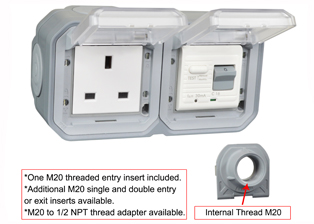 BRITISH, UNITED KINGDOM BS 1363, SAUDIA ARABIA SASO 2203 13 AMPERE-230 VOLT <font color="yellow">GFCI RCBO/RCD</font> OUTLET, TYPE G (UK1-13R, SA1-13R), 50/60 Hz, <font color="yellow"> 30mA TRIP</font>, SHUTTERED CONTACTS, WEATHERPROOF, IP55 RATED, HORIZONTAL SURFACE MOUNT WALL BOX, (<font color="yellow">**</font>) M20 HUB TYPE CABLE ENTRIES, CLEAR LIFT LID COVERS, 2 POLE-3 WIRE GROUNDING (2P+E). GRAY.     <BR><font color="yellow">Notes:</font>  
<BR><font color="yellow">*</font> View technical data drawing for installation and connection components. 
<BR><font color="yellow">**</font> M20 adapter #01614 available. Converts M20 to 1/2 inch National Pipe Thread (NPT).   <BR><font color="yellow">*</font> Downstream outlets can be protected. Use on single phase 230 volt circuits only.  <BR><font color="yellow">*</font> Latched RCD, No reset after power failure. RCBO (single pole + neutral) provides over current protection.  <BR><font color="yellow">*</font> Screw terminal torque = 0.08Nm. Operating temp. = -5C to +40C.   <BR><font color="yellow">*</font> Weatherproof IP66 rated outlets listed below. Scroll down to view.  <BR><font color="yellow">*</font> GFCI RCBO/RCD outlets are available for all countries. Contact us.    