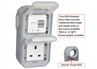 BRITISH, UNITED KINGDOM BS 1363, SAUDIA ARABIA SASO 2203 13 AMPERE-230 VOLT <font color="yellow">GFCI RCBO/RCD</font> OUTLET, TYPE G (UK1-13R, SA1-13R), 50/60 Hz, <font color="yellow"> 30mA TRIP</font>, SHUTTERED CONTACTS, WEATHERPROOF, IP55 RATED, VERTICAL SURFACE MOUNT WALL BOX, (<font color="yellow">**</font>) M20 HUB TYPE CABLE ENTRIES, CLEAR LIFT LID COVERS, 2 POLE-3 WIRE GROUNDING (2P+E). GRAY.     <BR><font color="yellow">Notes:</font>  
<BR><font color="yellow">*</font> View technical data drawing for installation and connection components. 
<BR><font color="yellow">**</font> M20 adapter #01614 available. Converts M20 to 1/2 inch National Pipe Thread (NPT).   <BR><font color="yellow">*</font> Downstream outlets can be protected. Use on single phase 230 volt circuits only.  <BR><font color="yellow">*</font> Latched RCD, No reset after power failure. RCBO (single pole + neutral) provides over current protection.  <BR><font color="yellow">*</font> Screw terminal torque = 0.08Nm. Operating temp. = -5C to +40C.   <BR><font color="yellow">*</font> Weatherproof IP66 rated outlets listed below. Scroll down to view.  <BR><font color="yellow">*</font> GFCI RCBO/RCD outlets are available for all countries. Contact us.    