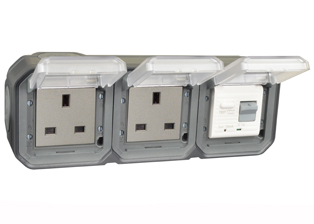 BRITISH, UNITED KINGDOM BS 1363, SAUDIA ARABIA SASO 2203 13 AMPERE-230 VOLT <font color="yellow">GFCI RCBO/RCD</font> DUPLEX OUTLET, TYPE G (UK1-13R, SA1-13R), 50/60 Hz, <font color="yellow"> 10mA TRIP</font>, SHUTTERED CONTACTS, WEATHERPROOF, IP55 RATED, HORIZONTAL SURFACE MOUNT WALL BOX, GLAND TYPE CABLE ENTRY, CLEAR LIFT LID COVERS, 2 POLE-3 WIRE GROUNDING (2P+E). COLOR BLACK ANTHRACITE.    <BR><font color="yellow">Notes:</font>  
<BR><font color="yellow">*</font> View technical data drawing for installation and connection components. 
<BR><font color="yellow">*</font> Downstream outlets can be protected. Use on single phase 230 volt circuits only.  <BR><font color="yellow">*</font> Latched RCD, No reset after power failure. RCBO (single pole + neutral) provides over current protection.  <BR><font color="yellow">*</font> Screw terminal torque = 0.08Nm. Operating temp. = -5C to +40C.   <BR><font color="yellow">*</font> Weatherproof IP66 rated outlets listed below. Scroll down to view.  <BR><font color="yellow">*</font> GFCI RCBO/RCD outlets are available for all countries. Contact us.  