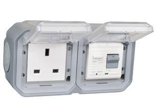 BRITISH, UNITED KINGDOM BS 1363, SAUDIA ARABIA SASO 2203 13 AMPERE-230 VOLT <font color="yellow">GFCI RCBO/RCD</font> OUTLET, TYPE G (UK1-13R, SA1-13R), 50/60 Hz, <font color="yellow"> 10mA TRIP</font>, SHUTTERED CONTACTS, WEATHERPROOF, IP55 RATED, HORIZONTAL SURFACE MOUNT WALL BOX, GLAND TYPE CABLE ENTRY, CLEAR LIFT LID COVERS, 2 POLE-3 WIRE GROUNDING (2P+E). GRAY.    <BR><font color="yellow">Notes:</font>  
<BR><font color="yellow">*</font> View technical data drawing for installation and connection components. 
<BR><font color="yellow">*</font> Downstream outlets can be protected. Use on single phase 230 volt circuits only.  <BR><font color="yellow">*</font> Latched RCD, No reset after power failure. RCBO (single pole + neutral) provides over current protection.  <BR><font color="yellow">*</font> Screw terminal torque = 0.08Nm. Operating temp. = -5C to +40C.   <BR><font color="yellow">*</font> Weatherproof IP66 rated outlets listed below. Scroll down to view.  <BR><font color="yellow">*</font> GFCI RCBO/RCD outlets are available for all countries. Contact us.  