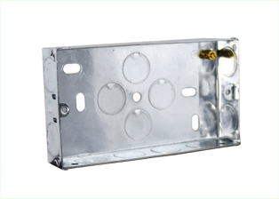 EUROPEAN, INTERNATIONAL, BRITISH, UNITED KINGDOM STEEL FLUSH TWO GANG MOUNT WALL BOX <br><font color="yellow">(25mm DEEP)</font> WITH "EARTH" GROUNDING TERMINAL, 20mm KNOCKOUTS. 

<br><font color="yellow">Notes: </font> 
<br><font color="yellow">*</font> Accepts 86mmX146mm Size Sockets, Outlets, Switches, Devices with 120mm (120.6mm) mounting centers.
<br><font color="yellow">*</font> Verify mating product(s) depth dimension for compatibility with # 72355X25D wall box.
<br><font color="yellow">*</font> Other wall boxes available, view # 72355X47D, 72355X35D, 72355X25D.
<br><font color="yellow">*</font> Surface mount modular device wall boxes available, view part # 79235X45, # 79230X45 series.
<br><font color="yellow">*</font> British, United Kingdom plugs, power cords, outlets, power strips, GFCI-RCD receptacles, sockets, connectors, extension cords, plug adapters listed below in related products. Scroll down to view.
 