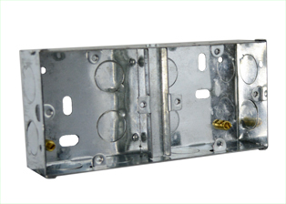 EUROPEAN, INTERNATIONAL, BRITISH, UNITED KINGDOM STEEL FLUSH MOUNT "DOUBLE GANG" STEEL WALL BOX <br><font color="yellow">(35mm DEEP)</font>, INTERNAL BOX DIVIDER WIRING SHIELD (REMOVABLE), "EARTH" GROUNDING TERMINAL, 20mm KNOCKOUTS. 

<br><font color="yellow">Notes: </font> 
<BR><font color="yellow">*</font> Accepts 86mmX86mm size Sockets, Outlets, Switches, Devices with 60mm (60.3mm) mounting centers. <br><font color="yellow">*</font> Verify mating product(s) depth dimension for compatibility with # 72355X35DDG wall box.
<br><font color="yellow">*</font> # 72355X35DDG wall box accepts "two" 86mmX86mm <font color="yellow"> square design </font> one gang outlets, switches, components.
<br><font color="yellow">*</font> Verify mating product(s) design, size, depth dimension for compatibility with # 72355X35DDG wall box.

<br><font color="yellow">*</font> Wall box also accepts International modular type devices. View outlets, switches, GFCI / RCD options. <a href="https://www.internationalconfig.com/modular_electrical_devices.asp" style="text-decoration: none">Modular Devices Link</a>

 <br><font color="yellow">*</font> British, United Kingdom plugs, power cords, outlets, power strips, GFCI-RCD receptacles, sockets, connectors, listed below in related products. Scroll down to view.
 

 

 