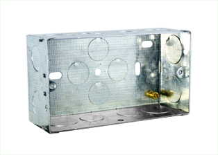 EUROPEAN, BRITISH, INTERNATIONAL TWO GANG FLUSH MOUNT GALVANIZED STEEL ELECTRICAL WALL BOX, <br><font color="yellow">(47mm DEEP)</font>, "EARTH" TERMINAL, ADJUSTABLE MOUNTING LUG (LEVELS DEVICE & WALL PLATE), 20mm & 25mm KNOCKOUTS.
 
<br><font color="yellow">Notes: </font> 
<br><font color="yellow">*</font> Accepts 86mmX146mm Size Sockets, Outlets, Switches, Devices with 120mm (120.6mm) mounting centers.
<br><font color="yellow">*</font> Verify mating product(s) depth dimension for compatibility with # 72355X47D wall box.
<br><font color="yellow">*</font> Other wall boxes available, view # 72355X35D, 72355X25D, 72355X47D..
<br><font color="yellow">*</font> Surface mount modular device wall boxes # 79235X45, 79230X45.
<br><font color="yellow">*</font> British, United Kingdom plugs, power cords, outlets, power strips, GFCI-RCD receptacles, sockets, connectors, extension cords, plug adapters listed below in related products. Scroll down to view.
 