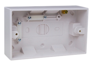 EUROPEAN, INTERNATIONAL, BRITISH, UNITED KINGDOM SURFACE MOUNT TWO GANG WALL BOX, GROUNDING TERMINAL, INTERNAL CABLE CLAMP, BOX HEIGHT (44mm), BOX DEPTH <br><font color="yellow">(40mm DEEP)</font>. WHITE. 

<br><font color="yellow">Notes: </font> 
<br><font color="yellow">*</font> Accepts 86mmX146mm Size Sockets, Outlets, Switches, Devices with 120mm (120.6mm) mounting centers. 
 
<br><font color="yellow">*</font> Verify mating product(s) depth dimension for compatibility with # 72365 wall box.


<br><font color="yellow">*</font> Surface mount modular device <font color="yellow">steel</font>  wall box available. View # 79230X45.

 <br><font color="yellow">*</font> Surface mount modular device <font color="yellow">insulated</font> wall boxes available. View # 680604X45 type. Weatherproof view # 684628X45 type.

 <br><font color="yellow">*</font> British, United Kingdom plugs, power cords, outlets, power strips, GFCI-RCD receptacles, sockets, connectors, listed below in related products. Scroll down to view.
 
