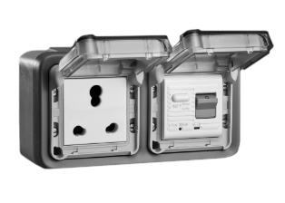 SOUTH AFRICA 16 AMPERE-230 VOLT GFCI (RCBO/RCD) OUTLET, BS 546 / <font color="yellow">TYPE M</font> (UK1-15R), 6 AMPERE-250 VOLT OUTLET, <font color="yellow">TYPE D</font> (UK3-5R), 50/60 Hz, <font color="yellow">30mA TRIP</font>, SHUTTERED CONTACTS, 2 POLE-3 WIRE GROUNDING (2P+E), IP55 RATED WEATHERPROOF BOX AND COVER, (GLAND TYPE CABLE ENTRY <font color="yellow">**</font>), HORIZONTAL SURFACE MOUNT. GRAY. 
<br><font color="yellow">Notes: </font> 
<BR><font color="yellow">*</font> BIS [Bureau of India Standards] Approved Outlet. <BR><font color="yellow">*</font> Accepts South Africa 25A-250V, 16A-250V type M, 6A-250V type D plugs.  
<BR><font color="yellow">**</font> <font color="Orange"> M20 "Hub Entry" designs and IP66 rated versions available.</font> GFCI (RCBO/RCD) outlets are available for all countries.
<br><font color="yellow">*</font> South Africa power cords, outlets, GFCI-RCD receptacles, sockets, plug adapters listed below in related products. Scroll down to view.



  