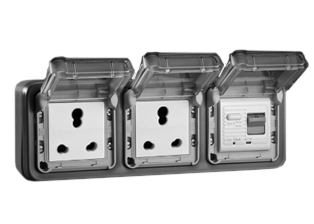 SOUTH AFRICA 16 AMPERE-230 VOLT GFCI (RCBO/RCD) DUPLEX OUTLET, BS 546 / <font color="yellow">TYPE M</font> (UK1-15R), 6 AMPERE-250 VOLT OUTLET, <font color="yellow">TYPE D</font> (UK3-5R), 50/60 Hz, <font color="yellow">30mA TRIP</font>, SHUTTERED CONTACTS, 2 POLE-3 WIRE GROUNDING (2P+E), IP55 RATED WEATHERPROOF BOX AND COVER, (GLAND TYPE CABLE ENTRY <font color="yellow">**</font>), HORIZONTAL SURFACE MOUNT. GRAY. 
<br><font color="yellow">Notes: </font> 
 <BR><font color="yellow">*</font> BIS [Bureau of India Standards] Approved Outlets. <BR><font color="yellow">*</font> Accepts South Africa 25A-250V, 16A-250V type M, 6A-250V type D plugs.  
<BR><font color="yellow">**</font> <font color="Orange"> M20 "Hub Entry" designs and IP66 rated versions available.</font> GFCI (RCBO/RCD) outlets are available for all countries.
<br><font color="yellow">*</font> South Africa power cords, outlets, GFCI-RCD receptacles, sockets, plug adapters listed below in related products. Scroll down to view.
