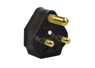 SOUTH AFRICA 5/6 AMPERE-250 VOLT PLUG, <font color="yellow"> TYPE D </font> , SANS 164-3, BS 546 (UK3-5P), 2 POLE-3 WIRE GROUNDING (2P+E). BLACK. 

<br><font color="yellow">Notes: </font> 
<br><font color="yellow">*</font> Type D plugs connect with South Africa 5A/6A- 250 volt outlets.
<br><font color="yellow">*</font> South Africa power cords, outlets, GFCI-RCD receptacles, sockets, plug adapters listed below in related products. Scroll down to view.