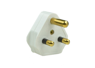 SOUTH AFRICA 5/6 AMPERE-250 VOLT PLUG, <font color="yellow"> TYPE D </font> , SANS 164-3, BS 546 (UK3-5P), 2 POLE-3 WIRE GROUNDING (2P+E). WHITE. 

<br><font color="yellow">Notes: </font> 
<br><font color="yellow">*</font> Type D plugs connect with South Africa 5A/6A- 250 volt outlets.
<br><font color="yellow">*</font> South Africa power cords, outlets, GFCI-RCD receptacles, sockets, plug adapters listed below in related products. Scroll down to view.