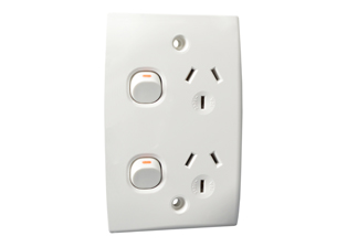 AUSTRALIA / NEW ZEALAND 10 AMPERE-250 VOLTS DUPLEX OUTLET TYPE I, AS/NZS 4417, RCM MARK, AS/NZS 3112, (AU1-10R), SINGLE POLE ON/OFF SWITCHES, INTEGRAL WALL PLATE, 2 POLE-3 WIRE GROUNDING (2P+E). WHITE.

<br><font color="yellow">Notes: </font> 
<br><font color="yellow">*</font> Vertical mount on American 2x4 wall boxes, surface mount on #84225-AR, #74225 wall boxes.
<br><font color="yellow">*</font> Australia TUV approved building wire/cable #<a href="https://internationalconfig.com/icc6.asp?item=CNCP07AA002">CNCP07AA002</a>.
<br><font color="yellow">*</font> Scroll down to view related power cords, plugs, power strips, GFCI sockets, plug adapters.
