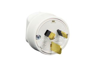 AUSTRALIA, NEW ZEALAND PLUG, 15 AMPERE-250 VOLT AS/NZS 4417 (RCM), AS/NZS 3112, AS/NZS 3100 (AU2-15P), IP2X RATED, REWIREABLE POWER PLUG, 2 POLE-3 WIRE GROUNDING (2P+E), MAX. CORD DIA. = 9mm (0.354"), WHITE.

<br><font color="yellow">Notes: </font> 
<br><font color="yellow">*</font> Plug connects with 15 Ampere, 20 Ampere Australian, New Zealand outlets, connectors. Scroll down to view related products.