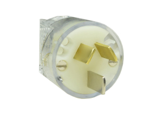 AUSTRALIA / NEW ZEALAND PLUG, 20 AMPERE-240 VOLT AS/NZS 3112 (AU3-20P), REWIREABLE POWER PLUG, 2 POLE-3 WIRE GROUNDING (2P+E). CLEAR (TRANSPARENT). 

<br><font color="yellow">Notes:</font> 
<br><font color="yellow">*</font> Internal fold wedges strain relief. Auto clamps the outer cord jacket when assembled.
<br><font color="yellow">*</font> Mates with Australian / New Zealand 20A-240V outlets / connectors only.
<br><font color="yellow">*</font> Applications = Medical / Industrial / Commercial Equipment.
<br><font color="yellow">*</font> Scroll down to view related products. 






 
 