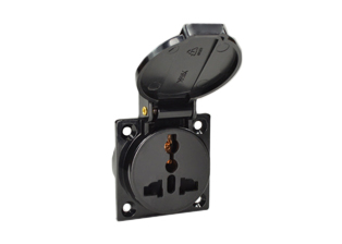 MULTI-CONFIGURATION "UNIVERSAL" 10 AMPERE-250 VOLT WEATHERPROOF PANEL OR WALL BOX MOUNT POWER OUTLET WITH GASKET, IP44 RATED COVER CLOSED, SHUTTERED CONTACTS, 2 POLE-3 WIRE GROUNDING (2P+E). BLACK.

<br><font color="yellow">Notes: </font> 
<br><font color="yellow">*</font> Outlet accepts European, British, Australia, International, America, South America & Type D South Africa, India Plugs. 
<br><font color="yellow">*</font>  Stainless steel wall plates # 97120-BZ and # 97120-DBZ mounts outlet onto standard American 2x4 and 4x4 wall boxes.
<br><font color="yellow">*</font> Not for use with # 70125 wall box.

<br><font color="yellow">*</font> Optional panel mount terminal shield # 70127 available.
<br><font color="yellow">*</font> Multi-configuration outlets, wall boxes, wall plates listed below in related products. Scroll down to view.
