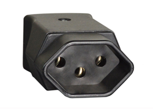 SWISS CONNECTOR, 10 AMPERE-250 VOLT (SW1-10R) SEV 1011 REWIREABLE IN-LINE CONNECTOR, 2 POLE-3 WIRE GROUNDING, STRAIGHT CORD GRIP = 12.0 mm (0.472") DIA., THERMOPLASTIC BODY HIGH IMPACT RESISTANT. BLACK.