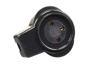 ISRAELI CONNECTOR, IN-LINE 16 AMPERE-250 VOLT TYPE H REWIREABLE CONNECTOR SI 32 (IS1-16R), ANGLE CORD GRIP, 2 POLE-3 WIRE GROUNDING. BLACK.