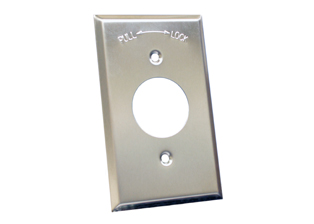 JAPAN SINGLE OUTLET WALL PLATE, MARKED " LOCKING", STAINLESS STEEL.

<br><font color="yellow">Notes: </font> 
<br><font color="yellow">*</font> Wall plate for Japan #78520-LK, #78520-LK-BK outlets.
<br><font color="yellow">*</font> Wall plate #78503 (no marking on plate).

