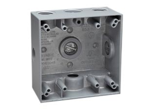 WEATHERPROOF AMERICAN, CANADA <font color="yellow">TWO GANG (4X4)</font> WALL BOX, SURFACE MOUNT, WET/DRY LOCATION, 2 INCHES DEEP, <font color="yellow"> SIX 1/2 INCH (NPT)</font> CONDUIT ENTRY HOLES, FIVE 1/2 INCH (NPT) CLOSURE PLUGS, EXTERNAL MOUNTING BRACKETS, CAST ALUMINUM. GRAY.
<br><font color="yellow">Notes:</font> 
 
<br><font color="yellow">*</font> Accepts <font color="Yellow"> American, Canada (NEMA)</font> Duplex outlets, Single outlets & (NEMA) locking outlets.  <a href="https://internationalconfig.com/united-states-electrical-devices-power-plugs-connectors-sockets-receptacles-outlets-adapters-cords-powerstrips-inlets.asp#">NEMA Outlets Link</a>

<br><font color="yellow">*</font> Accepts <font color="orange "> European, American, International </font> Modular outlets. <a href="https://www.internationalconfig.com/modular_electrical_devices.asp">Modular Outlets Link</a> Requires # 79210X45-N frame, # 79220X45-N wall plate. 
<br><font color="yellow">*</font> Accepts <font color="LightCoral"> Weatherproof IP54,</font> European, International, American outlets. <a href="https://www.internationalconfig.com/icc5.asp?productgroup=%27Weatherproof%20Outlets,Boxes,Covers%27&Producttype=%27Panel%20Mount%20Outlets,IP44,IP55,IP68%27&set=1&title1=%27prodtype%27">Weatherproof Outlets Link</a>  Requires # 97120-DBZ wall plate.

<BR><font color="yellow">*</font> Adapter available # 02015, Converts 1/2 Inch NPT thread to M20 thread. 
 
<br><font color="yellow">*</font> Additional surface mount, flush mount, weatherproof wall boxes available. Scroll down to view.
