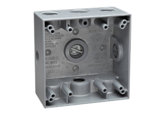 WEATHERPROOF AMERICAN, CANADA <font color="yellow">TWO GANG (4X4)</font> WALL BOX, SURFACE MOUNT, WET/DRY LOCATION,  <br><font color="yellow"> 2 INCHES  DEEP</font>, SIX 3/4 INCH (NPT) CONDUIT ENTRY HOLES, 5 CLOSURE PLUGS, EXTERNAL MOUNTING BRACKETS, CAST ALUMINUM. GRAY.

<br><font color="yellow">Notes:</font> 
<br><font color="yellow">*</font> Accepts <font color="Yellow"> American, Canada NEMA</font> Duplex outlets, Single outlets & NEMA locking outlets.  <a href="https://internationalconfig.com/united-states-electrical-devices-power-plugs-connectors-sockets-receptacles-outlets-adapters-cords-powerstrips-inlets.asp#">NEMA Outlets Link</a>

<br><font color="yellow">*</font> Accepts <font color="orange "> European, American, International </font> Modular outlets. <a href="https://www.internationalconfig.com/modular_electrical_devices.asp">Modular Outlets Link</a> Requires # 79210X45-N frame, # 79220X45-N wall plate. 
<br><font color="yellow">*</font> Accepts <font color="LightCoral"> Weatherproof IP54,</font> European, International, American outlets. <a href="https://www.internationalconfig.com/icc5.asp?productgroup=%27Weatherproof%20Outlets,Boxes,Covers%27&Producttype=%27Panel%20Mount%20Outlets,IP44,IP55,IP68%27&set=1&title1=%27prodtype%27">Weatherproof Outlets Link</a>  Requires # 97120-DBZ wall plate.
<br><font color="yellow">*</font> Additional surface mount, flush mount, weatherproof wall boxes available. Scroll down to view.

   