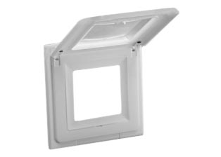 WEATHERPROOF IP44 RATED WALL BOX MOUNT COVER (*) WITH TRANSPARENT LID. WHITE.

<br><font color="yellow">Notes: </font>

<br><font color="yellow">*</font> Cover accepts 45mmX45mm & 22.5mmX45mm size modular devices.


 <BR><font color="yellow">*</font> View European, British, International Outlets / Switches. <a href="https://www.internationalconfig.com/modular_electrical_devices.asp" style="text-decoration: none">[ Entire Modular Device Series ]</a>

 
<br><font color="yellow">*</font> Cover mounts on flush wall boxes # 72350X35D, 72350X47D, 72350-F.
<br><font color="yellow">*</font> (*) Weatherproof cover has flexible transparent membrane insert that allows switches, GFCI/RCD & overload circuit breakers to be turned ON / OFF when cover is closed.




  
