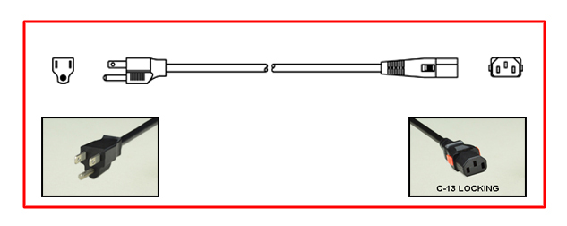 <font color="RED">LOCKING </font> 10A-125V POWER CORD, NEMA 5-15P PLUG, IEC 60320 <font color="RED"> LOCKING C-13 CONNECTOR</font>, SJTO 18/3 AWG, 105�C, 2 POLE-3 WIRE GROUNDING [2P+E], 2.5 METERS [8FT-2IN] [98"] LONG. BLACK.
<br><font color="yellow">Length: 2.5 METERS [8FT-2IN]</font>

<br><font color="yellow">Notes: </font> 
<br><font color="yellow">*</font> Locking C13 connector designed to securely lock onto all C14 inlets, C14 plugs, C14 power cords.
<br><font color="yellow">*</font> IEC 60320 C13 connector locks onto C14 power inlets or C14 plugs. (<font color="red"> Red color (slide release latch) unlocks the C13 connector.</font>)
<br><font color="yellow">*</font> IEC 60320, IEC 60309 C13, C19 locking type American (NEMA), European, International power cords, PDU power strips, In-line connectors, panel mount sockets are listed below in related products. Scroll down to view.

 
 

 