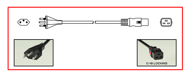 <font color="red">LOCKING</font> BRAZIL 16A-250V POWER CORD, NBR 14136 TYPE N [BR3-20P] PLUG, IEC 60320 <font color="RED"> LOCKING C-19 CONNECTOR</font>, H05VV-F 1.5mm2 CONDUCTORS, 70�C, 2 POLE-3 WIRE GROUNDING [2P+E], 2.5 METERS [8FT-2IN] [98"] LONG. BLACK.
<br><font color="yellow">Length: 2.5 METERS [8FT-2IN]</font> 

<br><font color="yellow">Notes: </font> 
<br><font color="yellow">*</font> Locking C19 connector designed to securely lock onto all C20 inlets, C20 plugs, C20 power cords.
<br><font color="yellow">*</font> IEC 60320 C19 connector locks onto C20 power inlets or C20 plugs. (<font color="red"> Red color (slide release latch) unlocks the C19 connector.</font>)
<br><font color="yellow">*</font><font color="orange">Custom lengths / designs available.</font>  
<br><font color="yellow">*</font> <font color="red"> Locking</font> European, British, UK, Australian, International and America / Canada NEMA 5-15P, 5-20P, 6-15P, 6-20P, L5-15P, L6-15P, L5-20P, L6-20P, L5-30P, L6-30P, IEC 60309 (6h), IEC 60320 C13, IEC 60320 C19 locking power cords are listed below in related products. Scroll down to view. 