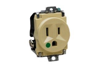 15A-125V HOSPITAL GRADE PANEL MOUNT RECEPTACLE, GREEN DOT NEMA 5-15R, 2 POLE-3 WIRE GROUNDING (2P+E), IMPACT RESISTANT NYLON BODY. UL/CSA LISTED. IVORY.  

<br><font color="yellow">Notes: </font> 
<br><font color="yellow">*</font> Plugs, connectors, receptacles, power cords, power strips, wall plates, weatherproof covers are listed below in related products. Scroll down to view.
