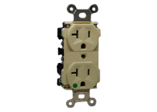 20A-125V HOSPITAL GRADE DUPLEX RECEPTACLE, GREEN DOT NEMA 5-20R, IMPACT RESISTANT NYLON, 2 POLE-3WIRE GROUNDING (2P+E), UL/CSA LISTED. IVORY.  

<br><font color="yellow">Notes: </font> 
<br><font color="yellow">*</font> Plugs, connectors, receptacles, power cords, wall plates, weatherproof covers are listed below in related products. Scroll down to view.
