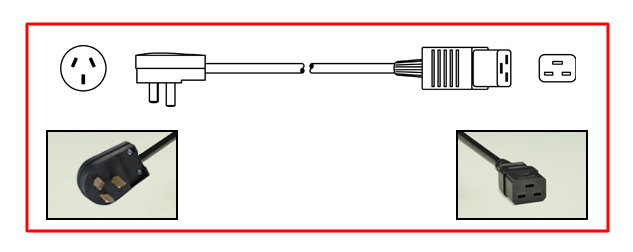 ARGENTINA 16 AMPERE-250 VOLT POWER CORD, IRAM 2073 TYPE I ANGLE PLUG [AR2-20P], IEC 60320 C-19 CONNECTOR, 2 POLE-3 WIRE GROUNDING [2P+E], 2.5 METERS [8FT-2IN] [98"] LONG. BLACK.
 
<br><font color="yellow">Notes: </font> 
<br><font color="yellow">*</font> Plug mates with Argentina 20A-250V (AR2-20R) # 84410, # 84410-BLK outlets. 
<br><font color="yellow">*</font> Plug mates with 16A-250V Universal power strips # 59208-C19H, # 59208-C19V, # 59208-C19BH, # 59208-C19BV.  
<br><font color="yellow">*</font> Argentina TYPE "I" plug designs and "polarity" are different from other countries that have similar TYPE "I" plug designs.
<br><font color="yellow">*</font> Scroll down to view Argentina plugs, outlets, GFCI/RCD sockets, power cords, power strips, plug adapters and related South America, European, International wiring devices.

