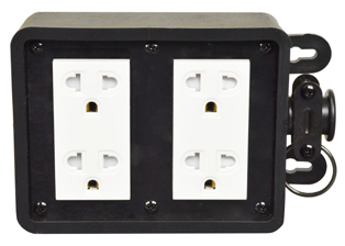 THAILAND, ASIA, SOUTH AMERICA CONNECTOR, MULTI-CONFIGURATION FOUR OUTLET REWIREABLE CONNECTOR, TYPE A, B, C AND TYPE O TIS 2432-2555, SURFACE OR WALL MOUNT, SHUTTERED CONTACTS, 16 AMPERE-250 VOLT (3,500 WATT MAX), 2 POLE-3 WIRE GROUNDING (2P+E). BLACK.

<br><font color="yellow">Notes: </font> 
<br><font color="yellow">*</font> Outlet accepts Thailand TIS 166-2549 Type O Plugs, American NEMA 1-15P, 515-P, 615-P, 5-20P, 6-20P Type A, Type B Plugs, Type C Plugs with 4.0mm Pins, European CEE 7 Plugs with 4.8mm pins or 4.0mm Pins. <font color="yellow">*</font> View:  <a href="https://internationalconfig.com/icc6.asp?item=85113" style="text-decoration: none">Thailand Plugs, Power Cords </a>.

<br><font color="yellow">*</font> Connector supplied with cable hanger support ring. Removable if not required.
<br><font color="yellow">*</font> Max cable / cord O.D. = 0.443" (11mm)
<br><font color="yellow">*</font> Terminal screw torque = 2.5Nm, Cord grip torque = 3Nm
<br><font color="yellow">*</font> Material = PC
<br><font color="yellow">*</font> Storage / Operating temp = -15C to +45C