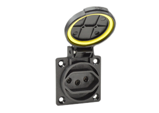 BRAZIL 10 AMPERE-250 VOLT PANEL OR WALL BOX MOUNT OUTLET (WITH GASKET), TYPE N, NBR 14136 (BR2-10R), IP44 RATED "T" MARK IMPACT RESISTANT NYLON BODY, 2 POLE-3 WIRE GROUNDING (2P+E). BLACK.

<br><font color="yellow">Notes: </font> 
<br><font color="yellow">*</font> Stainless steel wall plates #97120-BZ and #97120-DBZ mounts outlet onto standard American 2x4 and 4x4 wall boxes.
<br><font color="yellow">*</font> Not for use with #70125 wall box.
<br><font color="yellow">*</font> Optional panel mount terminal shield #70127 available.
<br><font color="yellow">*</font> Brazil plugs, outlets, connectors, power cords, socket strips, GFCI (RCD) outlets are listed below in related products. Scroll down to view.