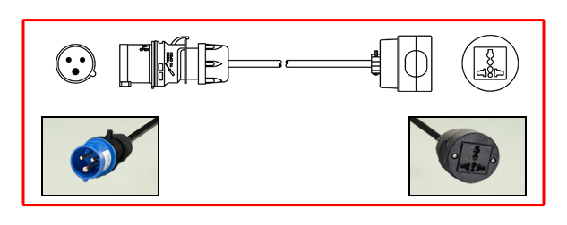 ADAPTER, IEC 60309 (6h) PLUG, UNIVERSAL MULTI-CONFIGURATION IN-LINE CONNECTOR, 2P+E, 20 AMPERE 250 VOLT, 50/60 Hz, SJTOW, 105C, 12/3 AWG CORDAGE, 0.3 METERS (1 FOOT) (12") LONG. BLUE PLUG, BLACK CORDAGE AND CONNECTOR.
<br><font color="yellow">Length: 0.3 METERS (1 FOOT)</font> 

<br><font color="yellow">Notes: </font> 
<br><font color="yellow">*</font><font color="orange">Custom lengths / designs available.</font>  