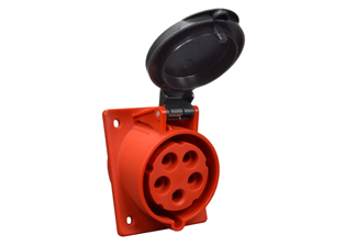 IEC 60309 (6h) 3 PHASE OUTLET, 30 AMPERE-200/415 VOLT C(UL)US, 32 AMPERE-220/380 - 240/415 VOLT OVE, SPLASHPROOF (IP44) UNIVERSAL APPROVED ANGLED PANEL MOUNT PIN & SLEEVE OUTLET, 4 POLE-5 WIRE GROUNDING (3P+N+E), NYLON (POLYAMIDE BODY), OPERATING TEMP. = -25�C TO +80�C, 73.5mmX60mm C TO C MOUNTING. RED. APPROVALS: C(UL)US, OVE. CERTIFICATIONS: REACH, RoHS, CE.