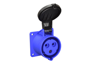 IEC 60309 (6h) 30 AMPERE-250 VOLT C(UL)US, 32 AMPERE-220 VOLT OVE, SPLASHPROOF (IP44) PANEL MOUNT PIN & SLEEVE OUTLET, UNIVERSAL APPROVALS, 2 POLE-3 WIRE GROUNDING (2P+E), NYLON (POLYAMIDE BODY), OPERATING TEMP. = -25C TO +80C, 60mmX60mm C TO C MOUNTING. BLUE. APPROVALS: C(UL)US, OVE. CERTIFICATIONS: REACH, RoHS, CE.
