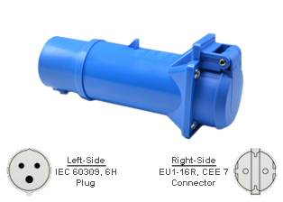 IEC 60309 (6h) CEE 17 PLUG ADAPTER WITH EUROPEAN SCHUKO CEE 7/3 SOCKET (IP44 RATED), SPRING LOADED FLIP LID CLOSURE COVER, 16 AMPERE-250 VOLT, 2 POLE-3 WIRE GROUNDING (2P+E). BLUE COLOR. 

<br><font color="yellow">Notes: </font> 
<br><font color="yellow">*</font> # 888-2126-ADP connects IEC 60309 (6h) (16A-250V) power inlets with European SCHUKO CEE 7/4, CEE 7/7 type E, F, plugs.

<br><font color="yellow">*</font> European Schuko Watertight Extension cords available. View # <a href="https://internationalconfig.com/icc6.asp?item=70025" style="text-decoration: none"> 70025.</a> 
 
<br><font color="yellow">*</font> Adapter #888-2126-UV connects IEC 60309 (6h) (16A-250V) power inlets with Universal, Multi-configuration British BS 1363, European, International, American NEMA plugs. View dimensional data for details.




 