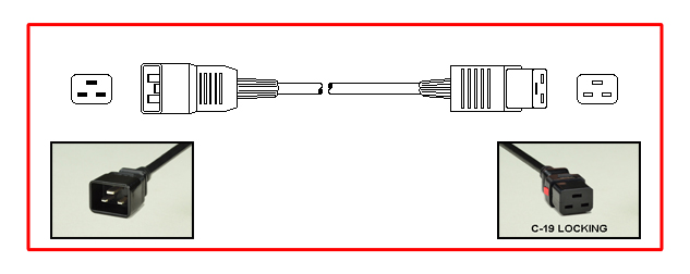<font color="red">LOCKING</font> IEC 60320 C-19 TO C-20, 15/16 AMPERE-250 VOLT POWER CORD, UNIVERSAL APPROVALS (C(UL)US, VDE, TUV), IEC 60320 <font color="RED"> LOCKING C-19 CONNECTOR</font>, IEC 60320 C-20 PLUG, 15/3 AWG SJTO - H05VV-F, 1.5mm², 105°C, 2.5 METERS [8FT-2IN] [98"] LONG, 2 POLE-3 WIRE GROUNDING [2P+E]. BLACK. 
<br><font color="yellow">Length: 2.5 METERS [8FT-2IN]</font>

<br><font color="yellow">Notes: </font> 
<br><font color="yellow">*</font> IEC 60320 C-19 connector locks onto C-20 power inlets or C-20 plugs. (<font color="red"> Red color (slide release latch) unlocks the C-19 connector.</font>)
<br><font color="yellow">*</font> IEC 60320 C-19, C-20 locking power cords, locking PDU outlet strips, locking C-19 outlets are listed below in related products. Scroll down to view.