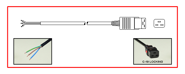 <font color="red">LOCKING</font> IEC 60320 C-19 POWER SUPPLY CORD, UNIVERSAL APPROVALS: C(UL)US, TUV, 15/16 AMPERE-250 VOLT, IEC 60320 <font color="RED"> LOCKING C-19 CONNECTOR</font>, 15/3 AWG SJTO - H05VV-F, 1.5 mm, 105C, 2 POLE-3 WIRE GROUNDING [2P+E], 2.5 METERS [8FT-2IN] [98"] LONG. BLACK.
<br><font color="yellow">Length: 2.5 METERS [8FT-2IN]</font> 

<br><font color="yellow">Notes: </font> 
<br><font color="yellow">*</font> Locking C19 connector designed to securely lock onto all C20 inlets, C20 plugs, C20 power cords.
<br><font color="yellow">*</font> IEC 60320 C19 connector locks onto C20 power inlets or C20 plugs. (<font color="red"> Red color (slide release latch) unlocks the C19 connector.</font>)
<br><font color="yellow">*</font> IEC 60320 C19, C20 locking power cords, locking PDU outlet strips, locking C19 outlets are listed below in related products. Scroll down to view.