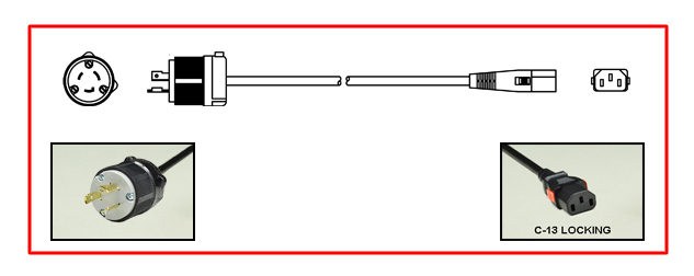 <font color="red">LOCKING</font> 15 AMPERE-250 VOLT POWER CORD, NEMA L6-20P LOCKING PLUG, IEC 60320 <font color="RED"> LOCKING C-13 CONNECTOR</font>, SJT 14/3 AWG, 105�C, 2 POLE-3 WIRE GROUNDING (2P+E). 2.44 METERS (8 FEET) (96") LONG. BLACK. 
<br><font color="yellow">Length: 2.44 METERS (8 FEET)</font>

<br><font color="yellow">Notes: </font> 
<br><font color="yellow">*</font> Locking C13 connector designed to securely lock onto all C14 inlets, C14 plugs, C14 power cords.
<br><font color="yellow">*</font> IEC 60320 C13 connector locks onto C14 power inlets or C14 plugs. (<font color="red"> Red color (slide release latch) unlocks the C13 connector.</font>)
<br><font color="yellow">*</font> <font color="red"> Locking</font> European, British, UK, Australian, International and America / Canada (NEMA) 5-15P, 5-20P, 6-15P, 6-20P, L5-15P, L6-15P, L5-20P, L6-20P, L5-30P, L6-30P, IEC 60309 (6h), IEC 60320 C13, IEC 60320 C19 locking power cords are listed below in related products. Scroll down to view.