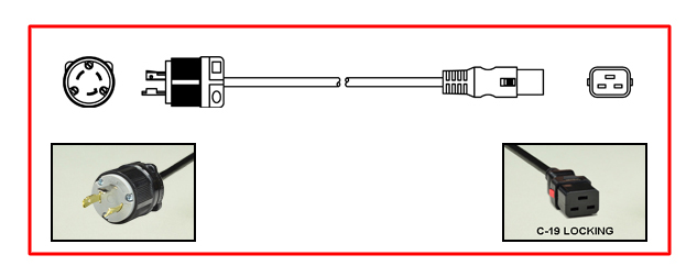 <font color="red">LOCKING</font> 20 AMPERE-125 VOLT POWER CORD, NEMA L5-30P LOCKING PLUG, IEC 60320 <font color="RED"> LOCKING C-19 CONNECTOR</font>, SJTOW 12/3 AWG, 105°C, 2 POLE-3 WIRE GROUNDING [2P+E], 2.5 METERS [8FT-2IN] [98"] LONG. BLACK. 
<br><font color="yellow">Length: 2.5 METERS [8FT-2IN]</font>

<br><font color="yellow">Notes: </font> 
<br><font color="yellow">*</font> Locking C19 connector designed to securely lock onto all C20 inlets, C20 plugs, C20 power cords.
<br><font color="yellow">*</font> IEC 60320 C19 connector locks onto C20 power inlets or C20 plugs. (<font color="red"> Red color (slide release latch) unlocks the C19 connector.</font>)
<br><font color="yellow">*</font> <font color="red">Locking</font> European, British, UK, Australian, International and America / Canada NEMA 5-15P, 5-20P, 6-15P, 6-20P, L5-15P, L6-15P, L5-20P, L6-20P, L5-30P, L6-30P, IEC 60309 (6h), IEC 60320 C13, IEC 60320 C19 locking power cords are listed below in related products. Scroll down to view.