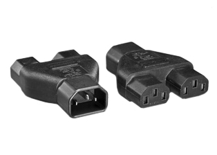 ADAPTER SPLITTER, IEC 60320 C-14 PLUG, TWO C-13 CONNECTORS. CONNECTS ONE IEC 60320 C-13 CONNECTOR WITH TWO C-14 PLUGS, 10 AMPERE-125 VOLT, 2 POLE-3 WIRE GROUNDING (2P+E). BLACK.

<br><font color="yellow">Notes: </font> 
<br><font color="yellow">*</font> "Y" type splitter adapters, IEC 60320 C-13, C-14, C-15, C-5, C-7, C-19, C-20 plug adapters & European C-14, C-20 adapters are listed below in related products. Scroll down to view.