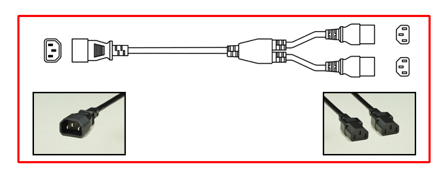 UNIVERSAL [UL, CSA, VDE APPROVALS] "Y" TYPE SPLITTER POWER CORD, 10 AMPERE-250 VOLT, IEC 60320 C-14 PLUG, TWO C-13 CONNECTORS, 2 POLE-3 WIRE GROUNDING [2P+E], 17/3 AWG, SJTO, 105�C, 0.46 METERS [1FT-6IN] [18"] LONG. BLACK.
<br><font color="yellow">Length: 0.46 METERS [1FT-6IN]</font>

<br><font color="yellow">Notes: </font> 
<br><font color="yellow">*</font> Universal approved C14 to C13 power cords are available in lengths from 12 inches to 20 feet long.
<br><font color="yellow">*</font> C14 to C13 Y-splitter cords along with C14, C13, C20, C19 power cords, power strips, plugs, connectors and adapters are also listed below in related products. Scroll down to view.

 
 