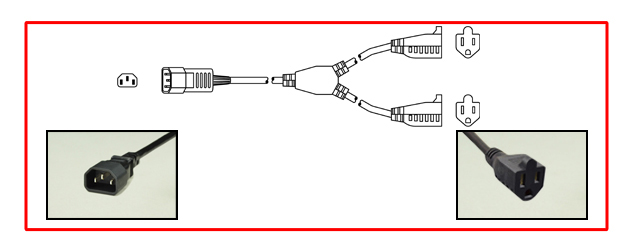 "Y" TYPE SPLITTER POWER CORD, 13 AMPERE-125 VOLT, IEC 60320 C-14 PLUG, TWO NEMA 5-15 CONNECTORS, 16/3 AWG, SJT CORDAGE, -20�C TO 105�C, 2 POLE-3 WIRE GROUNDING [2P+E], 0.36 METERS [1FT-2IN] [14"] LONG. BLACK. C(RU)US, CSA LISTED 
<br><font color="yellow">Length: 0.36 METERS [1FT-2IN]</font> 

<br><font color="yellow">Notes: </font> 
<br><font color="yellow">*</font> Overall length = 1 foot, 7" length to center of �Y� and each NEMA 5-15R leg 7" long.
<br><font color="yellow">*</font> Scroll down to view related products.