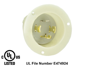 30 AMPERE-125/250 VOLT (NEMA L14-30P) FLANGED PANEL MOUNT POWER INLET, 3 POLE-4 WIRE GROUNDING (3P+E), IMPACT RESISTANT NYLON BODY, SPECIFICATION GRADE. WHITE.
<br><font color="yellow">Notes: </font>
<br><font color="yellow">*</font> Weatherproof / dust proof applications use #5302-WC cover or #79485 cover.
<br><font color="yellow">*</font> Terminals accept 14AWG-8AWG. Max torque = 12 in. lbs. Temp. range = -40�C to +75�C.
 <br><font color="yellow">**</font> NEMA Panel Mount Inlets with same mounting design listed below.
<BR>**NEMA L1420 Locking Inlet Part #L1420-FI, (20A-125/250V). Accepts L1420-C Connectors.
<BR>**NEMA L1430 Locking Inlet Part #L1430-FI, (30A-125/250V). Accepts L1430-C Connectors.
<BR>**NEMA L1520 Locking Inlet Part #L1520-FI, (20A-250V, 3 Phase). Accepts L1520-C Connectors.
<BR>**NEMA L1530 Locking Inlet Part #L1530-FI, (30A-250V, 3 Phase). Accepts L1530-C Connectors.
<BR>**NEMA L1620 Locking Inlet Part #L1620-FI, (20A-480V, 3 Phase). Accepts L1620-C Connectors.
<BR>**NEMA L1630 Locking Inlet Part #L1630-FI, (30A-480V, 3 Phase). Accepts L1630-C Connectors.

<br><font color="yellow">View:</font> Mating power connector # <a href="https://internationalconfig.com/icc6.asp?item=L1430-C" style="text-decoration: none">L1430-C</a>.

<br><font color="yellow">View:</font> High Power NEMA Locking 20A- 30A (4Pole / 5 Pole) Inlets & Outlets. <a href="https://www.internationalconfig.com/catalog_pages/flanged_inlets_flanged_outlets_guide.pdf" style="text-decoration: none">NEMA Flanged Outlets 
 & Inlets Guide</a> 
<br><font color="yellow">*</font> Plugs, power cords, outlets, connectors, inlets are listed below in related products. Scroll down to view.
