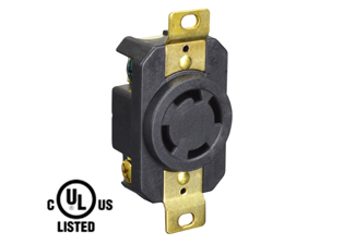 30 AMPERE-125/250 VOLT NEMA L14-30R LOCKING RECEPTACLE (3P+E), 3 POLE-4 WIRE GROUNDING, IMPACT RESISTANT. BLACK.  

<br><font color="yellow">Notes: </font> 
<br><font color="yellow">*</font> Terminals accept 14AWG-8AWG. Max torque = 12 in. lbs.
<br><font color="yellow">*</font> Temp. range = -40�C to +75�C.
