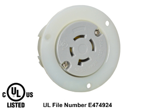 20 AMPERE-250 VOLT, 3 PHASE (X,Y,Z,+G) (NEMA L15-20R) LOCKING FLANGED PANEL MOUNT POWER OUTLET, 3 POLE-4 WIRE GROUNDING (3P+E), IMPACT RESISTANT NYLON BODY, SPECIFICATION GRADE. WHITE.

<br><font color="yellow">Notes: </font> 
<br><font color="yellow">*</font> Terminals accept 14AWG-8AWG. Max torque = 12 in. lbs.
<br><font color="yellow">*</font> Temp. range = -40�C to +75�C.
<br><font color="yellow">*</font> NEMA locking 15A, 20A, 30A (125V, 250V), IEC 60309 (20A, 30A, 60A, 125A) power outlets are listed below in related products. Scroll down to view.