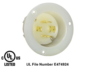 20 AMPERE-480 VOLT, 3 PHASE (X,Y,Z,+G) (NEMA L16-20P) LOCKING FLANGED PANEL MOUNT POWER INLET, 3 POLE-4 WIRE GROUNDING (3P+E), IMPACT RESISTANT NYLON BODY, SPECIFICATION GRADE. WHITE. 

<br><font color="yellow">Notes: </font> 
<br><font color="yellow">*</font> For weatherproof / dustproof panel mount applications use #5202-WC inlet cover.
<br><font color="yellow">*</font> Terminals accept 14AWG-8AWG. Max torque = 12 in. lbs.
<br><font color="yellow">*</font> Temp. range = -40�C to +75�C.
<br><font color="yellow">*</font> NEMA 15A, 20A, 30A (125V, 250V), IEC 60309 (20A, 30A, 60A, 125A) & European, Australian power inlets are listed below in related products. Scroll down to view.