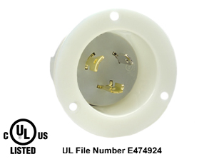 20 AMPERE-125 VOLT (NEMA L5-20P) LOCKING FLANGED PANEL MOUNT POWER INLET, 2 POLE-3 WIRE GROUNDING (2P+E), IMPACT RESISTANT NYLON BODY, SPECIFICATION GRADE. WHITE. 

<br><font color="yellow">Notes: </font> 
<br><font color="yellow">*</font> For weatherproof / dustproof panel mount applications use #5201-WC inlet cover.
<br><font color="yellow">*</font> For weatherproof wall box / panel mount applications use #79485 cover.
<br><font color="yellow">*</font> Terminals accept 14AWG-8AWG. Max torque = 12 in. lbs.
<br><font color="yellow">*</font> Temp. range = -40�C to +75�C.
<br><font color="yellow">*</font> NEMA 15A, 20A, 30A (125V, 250V), IEC 60309 (20A, 30A, 60A, 125A) & European, Australian power inlets are listed below in related products. Scroll down to view.


 