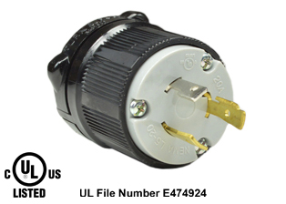 20 AMPERE-125 VOLT NEMA L5-20P LOCKING PLUG, SPECIFICATION GRADE, IMPACT RESISTANT NYLON BODY, CABLE DUST / MOISTURE SHIELD (IP20), 2 POLE-3 WIRE GROUNDING (2P+E). BLACK / GRAY.

<br><font color="yellow">Notes: </font> 
<br><font color="yellow">*</font> Terminals accept 14/3, 12/3, 10/3 AWG size conductors.
<br><font color="yellow">*</font> Strain relief (cord grip range) = 0.375-1.156" dia.
<br><font color="yellow">*</font> Temp. range = -40�C to +75�C.
<br><font color="yellow">*</font> Power cords, plugs, connectors, outlets, inlets, receptacles, adapters are listed below in related products. Scroll down to view.


 