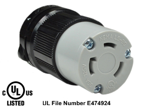 30 AMPERE-125 VOLT (NEMA L5-30R) LOCKING CONNECTOR, SPECIFICATION GRADE, IMPACT RESISTANT NYLON BODY, CABLE DUST / MOISTURE SHIELD (IP20), 2 POLE-3 WIRE GROUNDING (2P+E). BLACK / GRAY. 

<br><font color="yellow">Notes: </font> 
<br><font color="yellow">*</font> Terminals accept 14/3, 12/3, 10/3 AWG size conductors.
<br><font color="yellow">*</font> Strain relief (cord grip range) = 0.375-1.156" dia.
<br><font color="yellow">*</font> Temp. range = -40�C to +75�C.
<br><font color="yellow">*</font> Power cords, plugs, connectors, outlets, inlets, receptacles, adapters are listed below in related products. Scroll down to view.

 