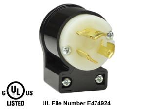 15 AMPERE-250 VOLT (NEMA L6-15P) LOCKING ANGLE PLUG, IMPACT RESISTANT NYLON BODY, 2 POLE-3 WIRE GROUNDING (2P+E), SPECIFICATION GRADE. BLACK / WHITE. 

<br><font color="yellow">Notes: </font> 
<br><font color="yellow">*</font> Terminals accept 18/3, 16/3, 14/3, 12/3 AWG size conductors.
<br><font color="yellow">*</font> Strain relief (cord grip range) = 0.300-0.650" dia.
<br><font color="yellow">*</font> Temp. range = -40�C to +75�C.
<br><font color="yellow">*</font> Plug cover design allows power cord to exit at 8 different angles. View "Dimensional Data Sheet" below for details.
<br><font color="yellow">*</font>  Plugs, receptacles, outlets, power strips, connectors, inlets, power cords, weatherproof outlets, plug adapters are listed below in related products. Scroll down to view.